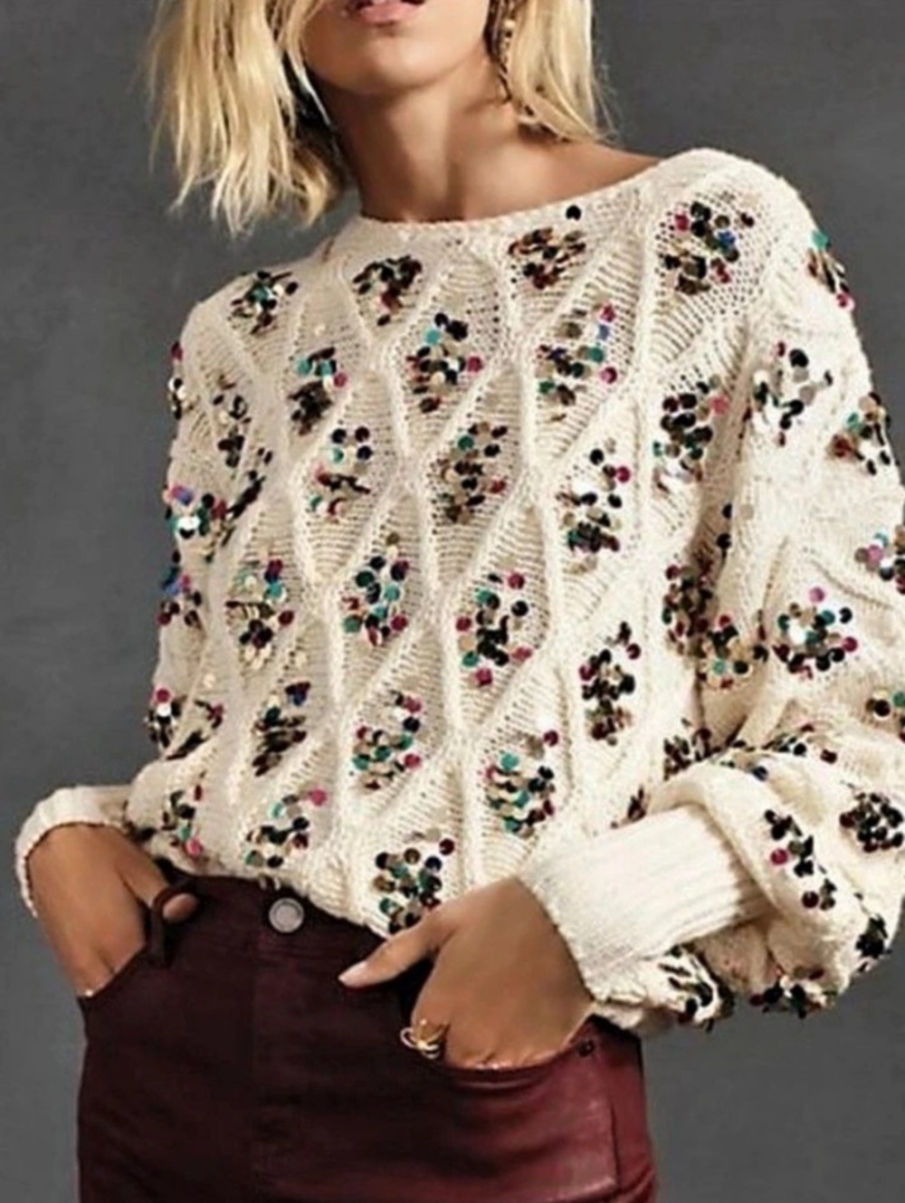 Anthropologie Lara Sequined Sweater Cream & Multicolor Medium